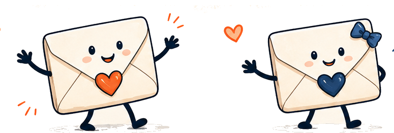 Dee Dee and Dot, the Date Drop envelope mascots, waving at each other